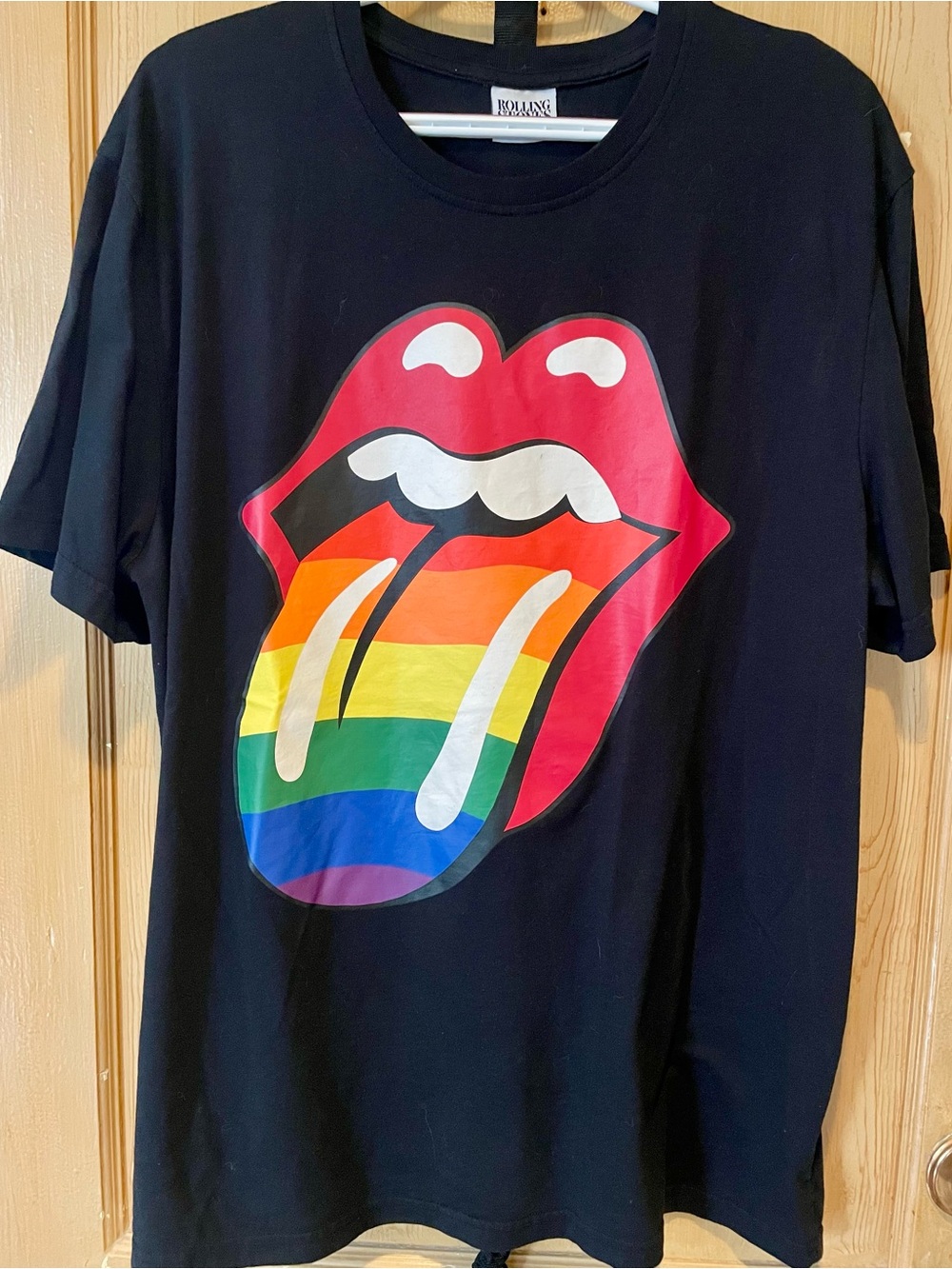 the Rolling Stones Black Tee with Rainbow Tongue Graphic
